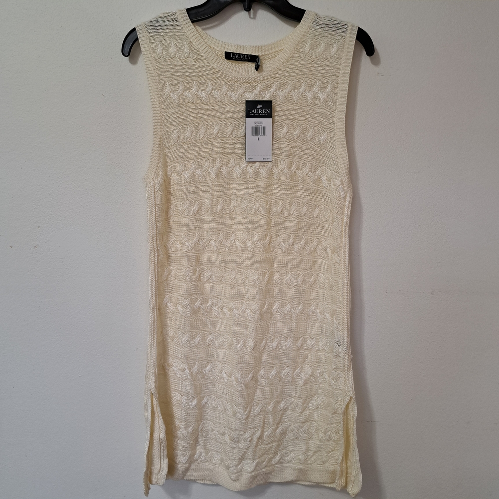 Ralph Lauren Ivory Sleeveless Cable Knit Sweater Dress Size Large Lightweight